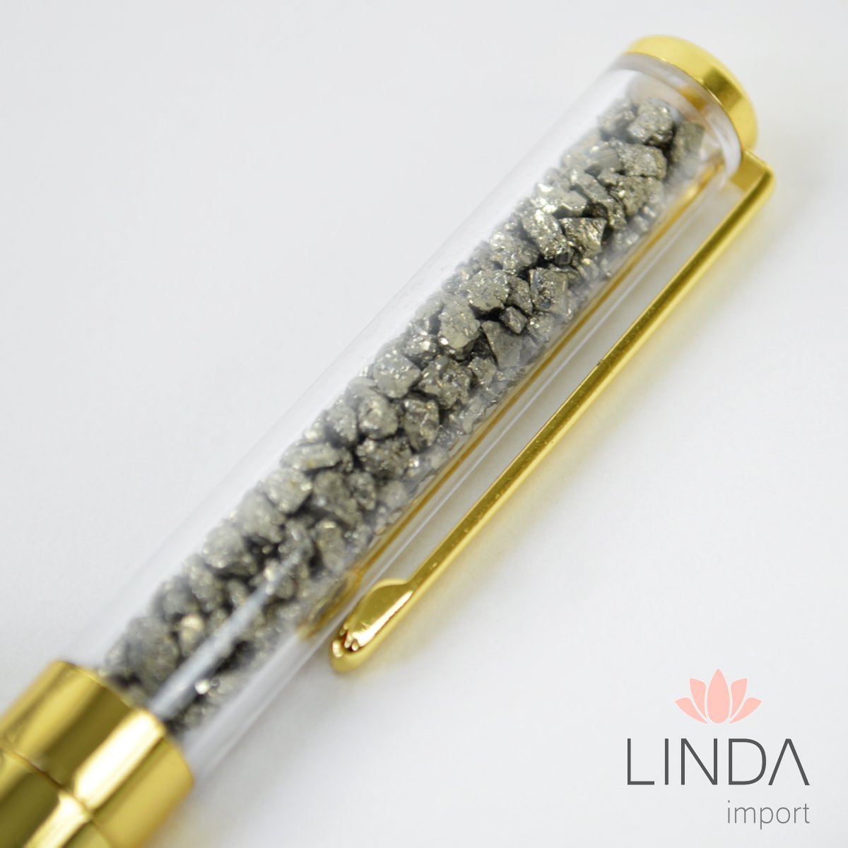 Caneta Dourada Com Pedras Naturais - Pirita Id118