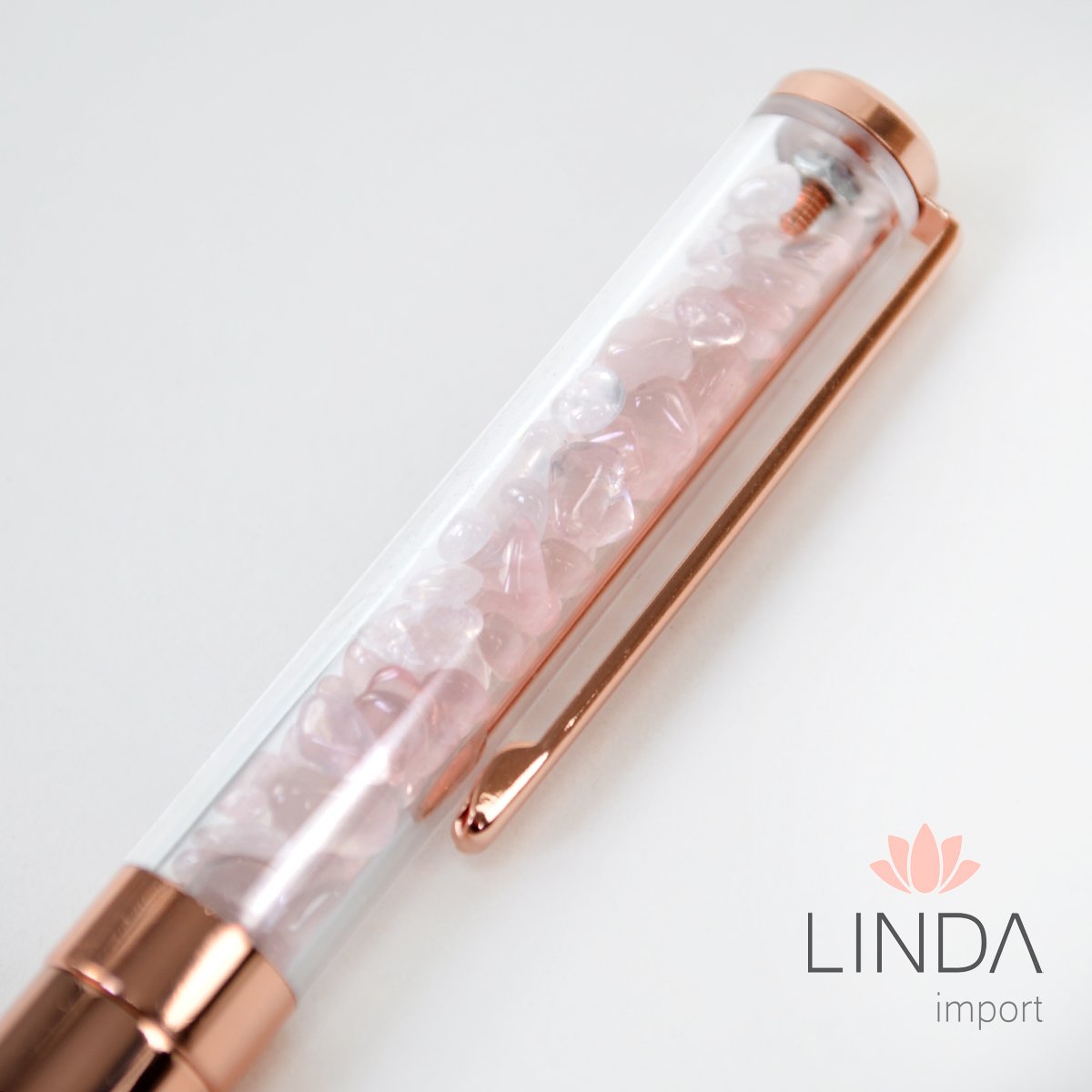 Caneta Rosê Com Pedras Naturais - Quartzo Rosa Id119